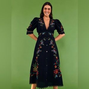 FARM RIO - NWT Black Cross Stitch V Neck Midi Dress